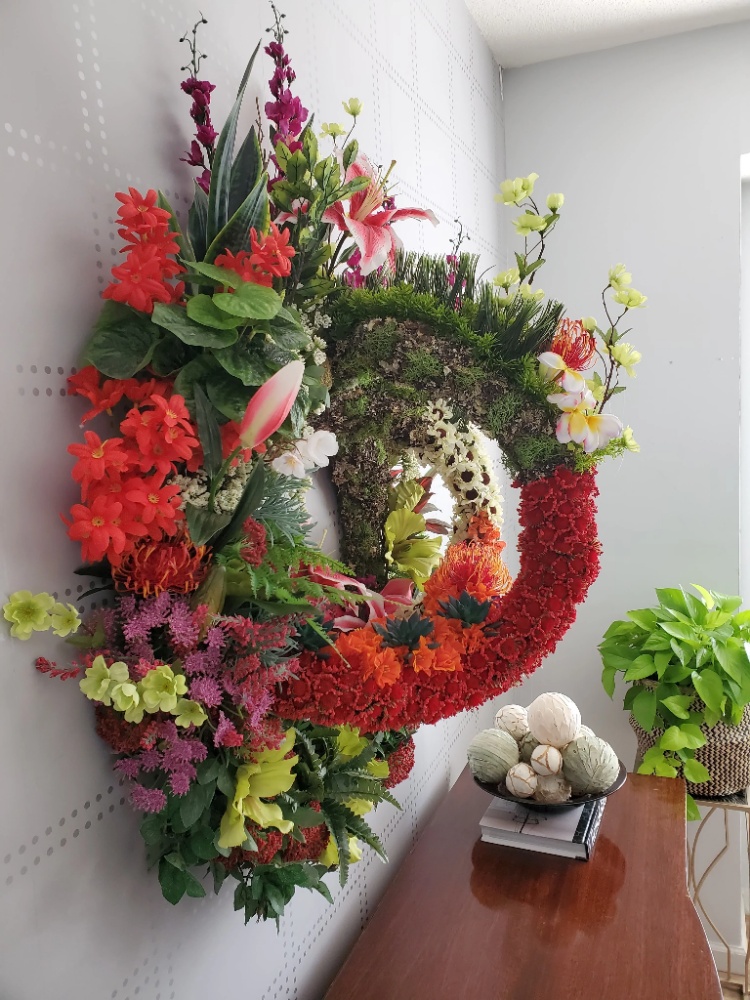 Biosphere Dome Wreath® side profile installation showing dimensional botanical structure